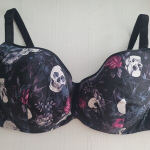 Edgy Floral Skull Print Black Bra